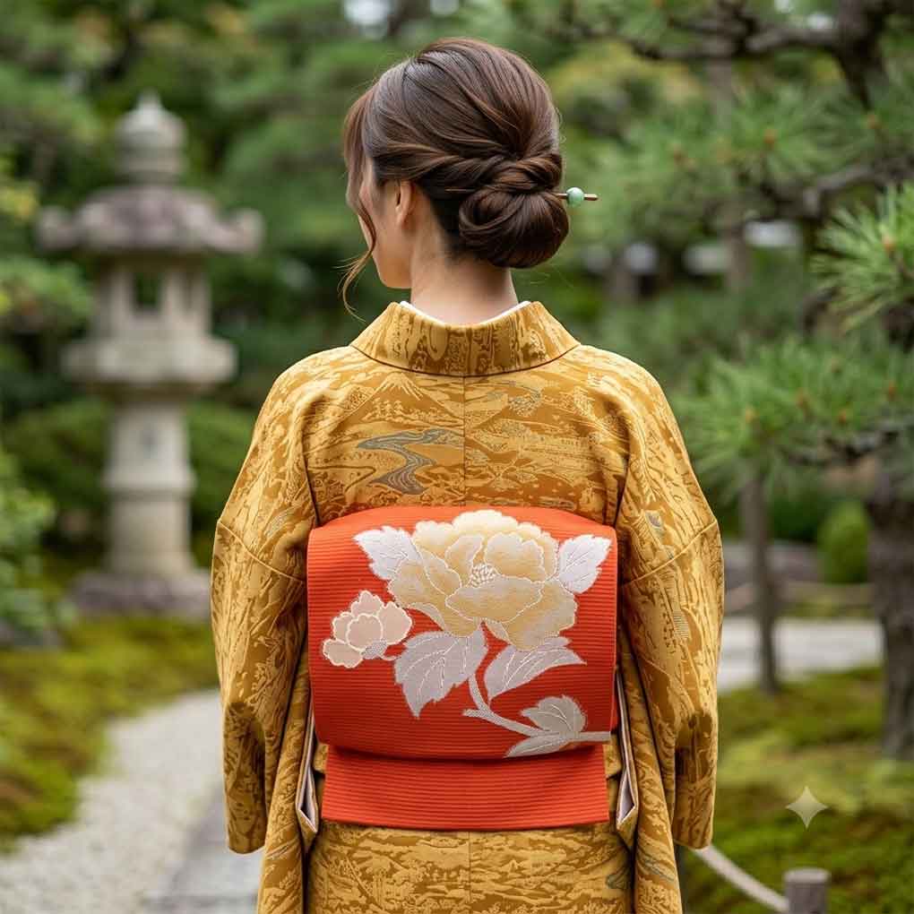 名古屋帯 リサイクル帯 幅29cm 長さ343cm レディース 花柄 夏用 正絹（シルク）オレンジ 美品 リメイク リユース【ランクA】