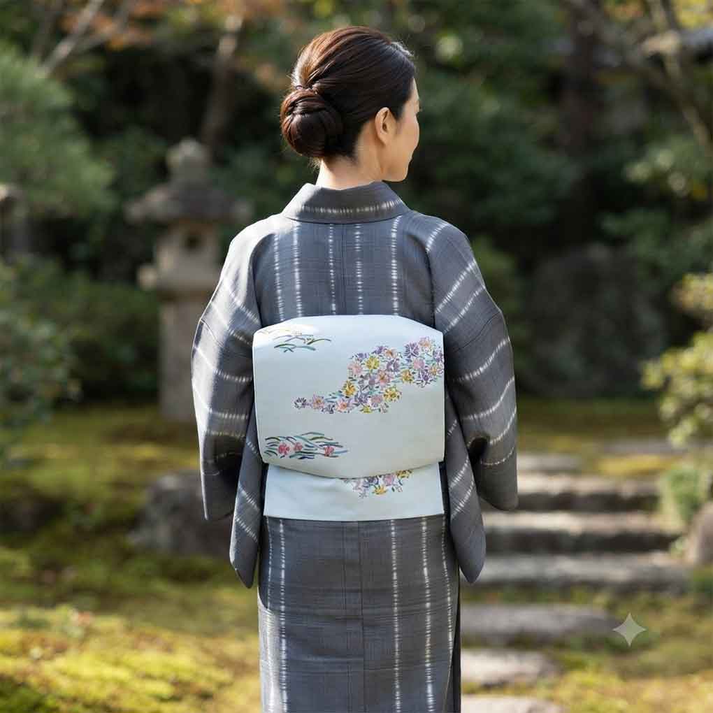 名古屋帯 リサイクル帯 幅30cm 長さ365cm レディース 花柄 秋冬春用 正絹（シルク）ブルー やや難 塩瀬 リメイク リユース【ランクB】