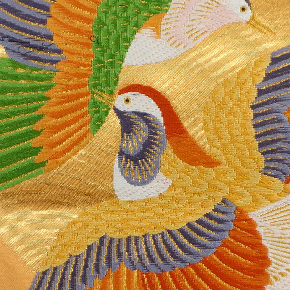 袋帯 リサイクル帯 幅31cm 長さ428cm レディース 鳥柄 秋冬春用 正絹（シルク）オレンジ 美品 リメイク リユース【ランクA】