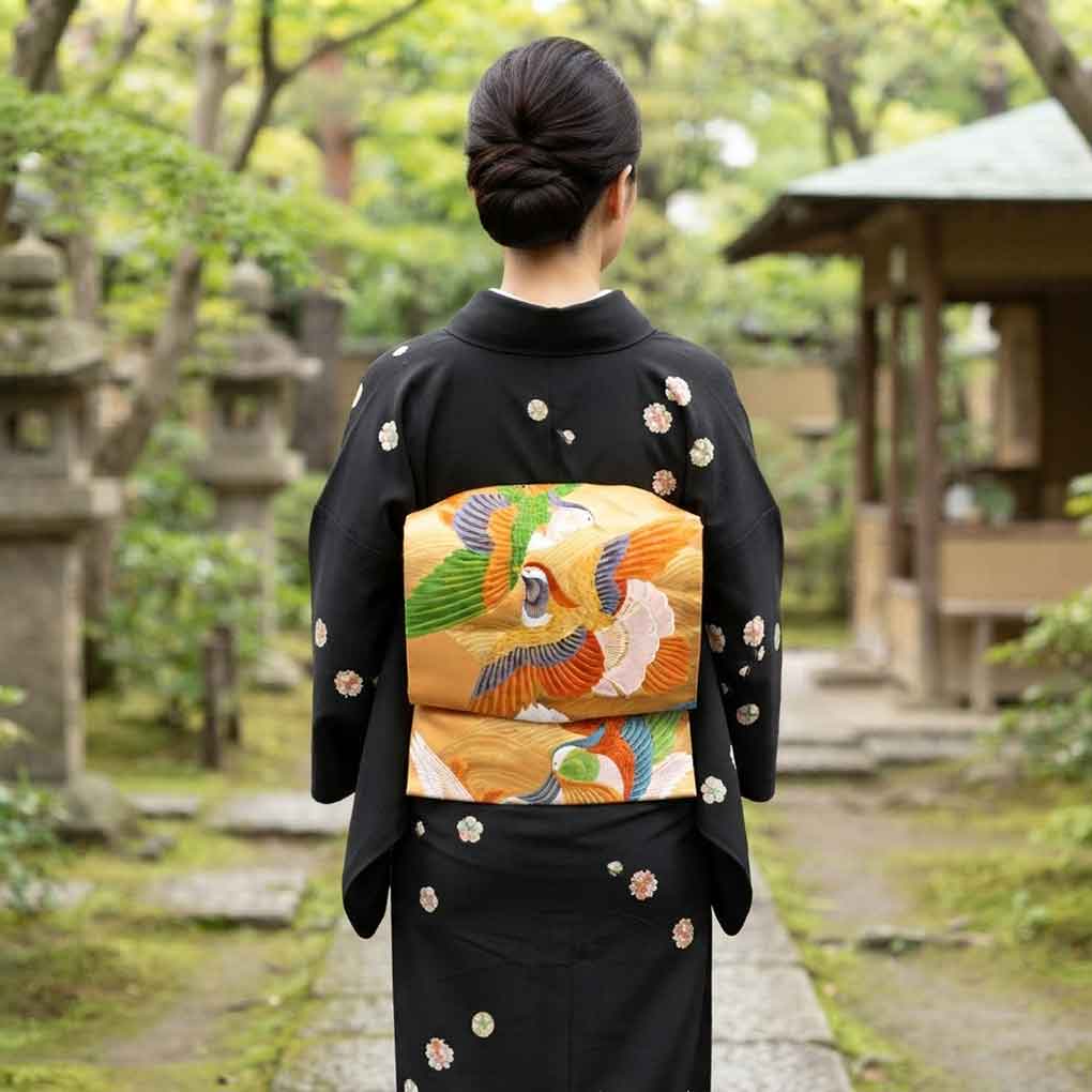 袋帯 リサイクル帯 幅31cm 長さ428cm レディース 鳥柄 秋冬春用 正絹（シルク）オレンジ 美品 リメイク リユース【ランクA】