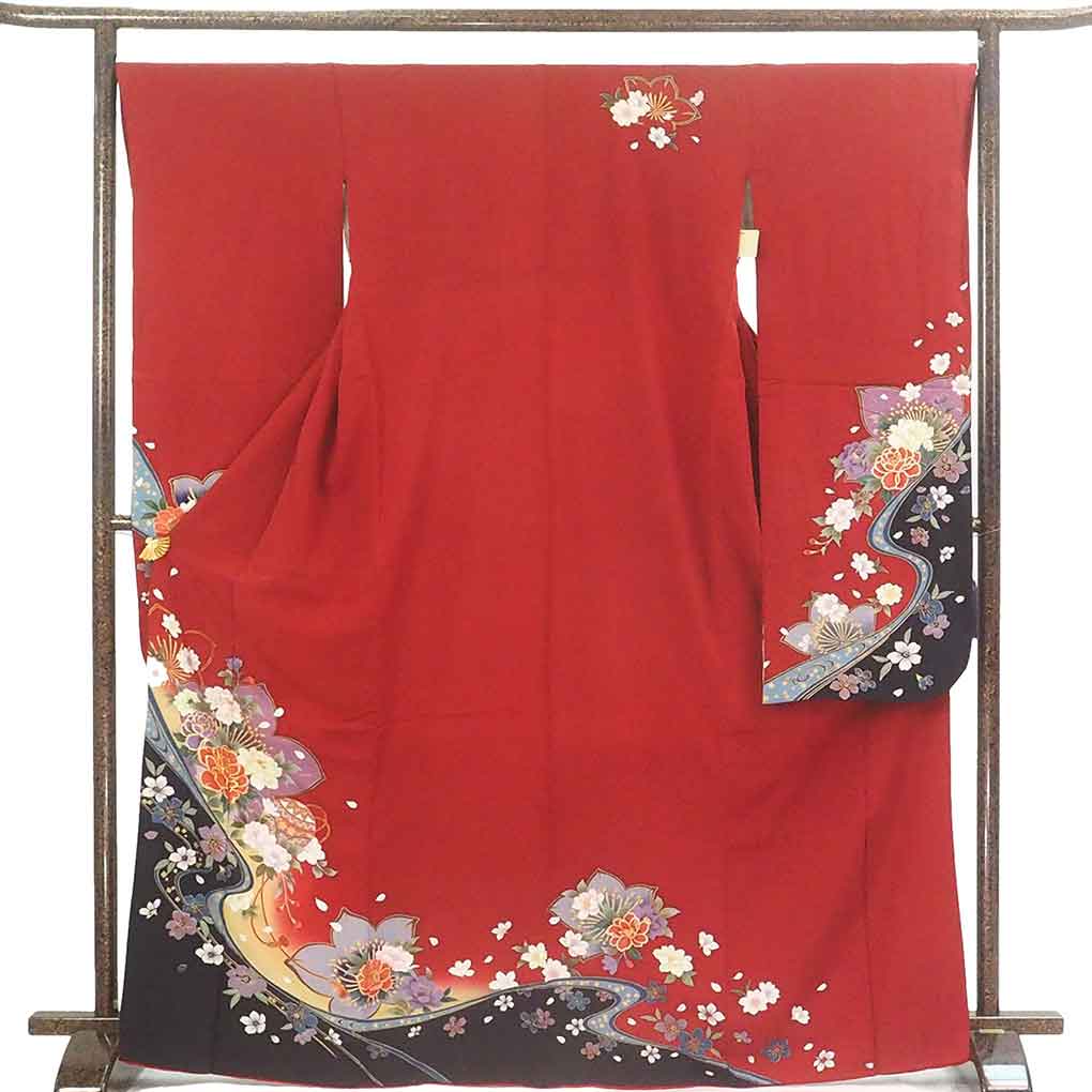振袖 リサイクル着物 身丈170cm 裄68cm 前幅24cm 後幅30cm 袖丈104cm 袖幅34.5cm レディース 袷 花柄 裄長 裄Lサイズ 秋冬春用 正絹（シルク）レッド トールサイズ 美品 リメイク リユース【ランクA】