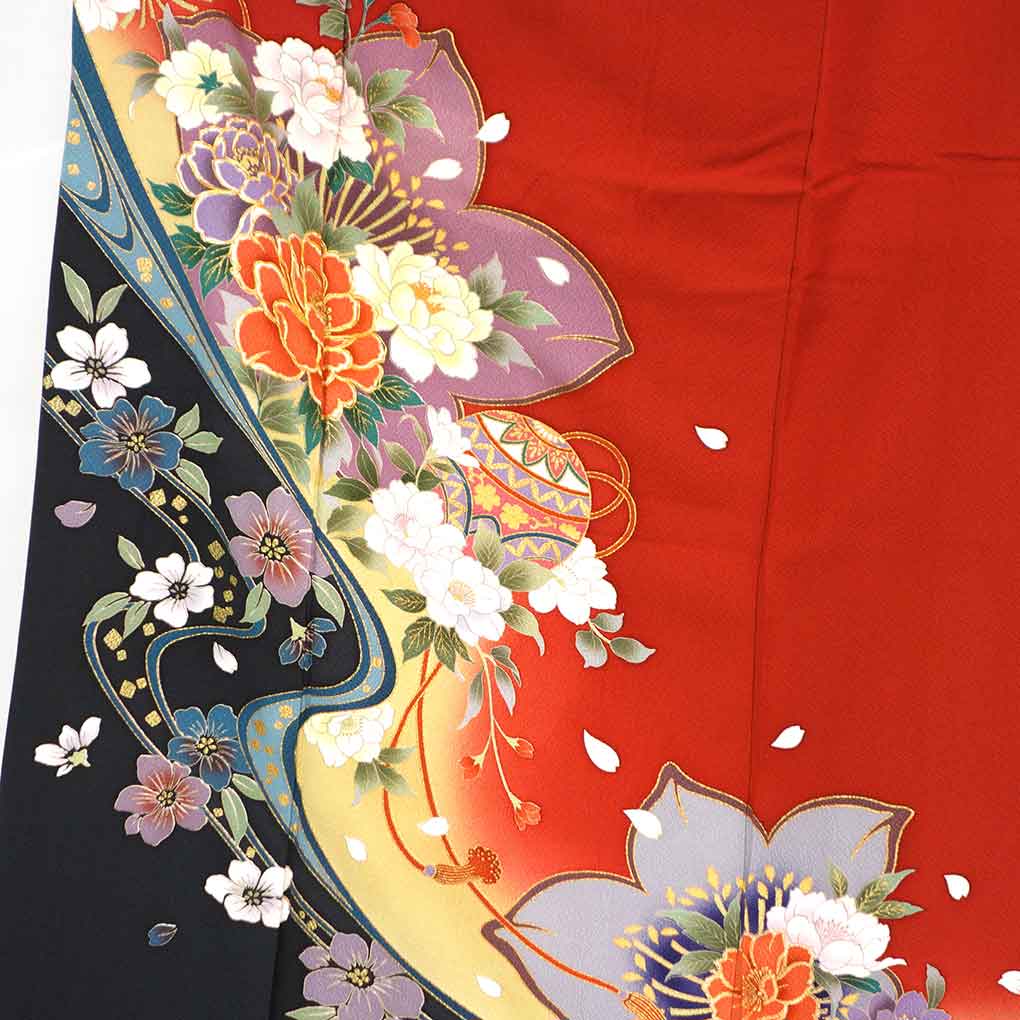 振袖 リサイクル着物 身丈170cm 裄68cm 前幅24cm 後幅30cm 袖丈104cm 袖幅34.5cm レディース 袷 花柄 裄長 裄Lサイズ 秋冬春用 正絹（シルク）レッド トールサイズ 美品 リメイク リユース【ランクA】