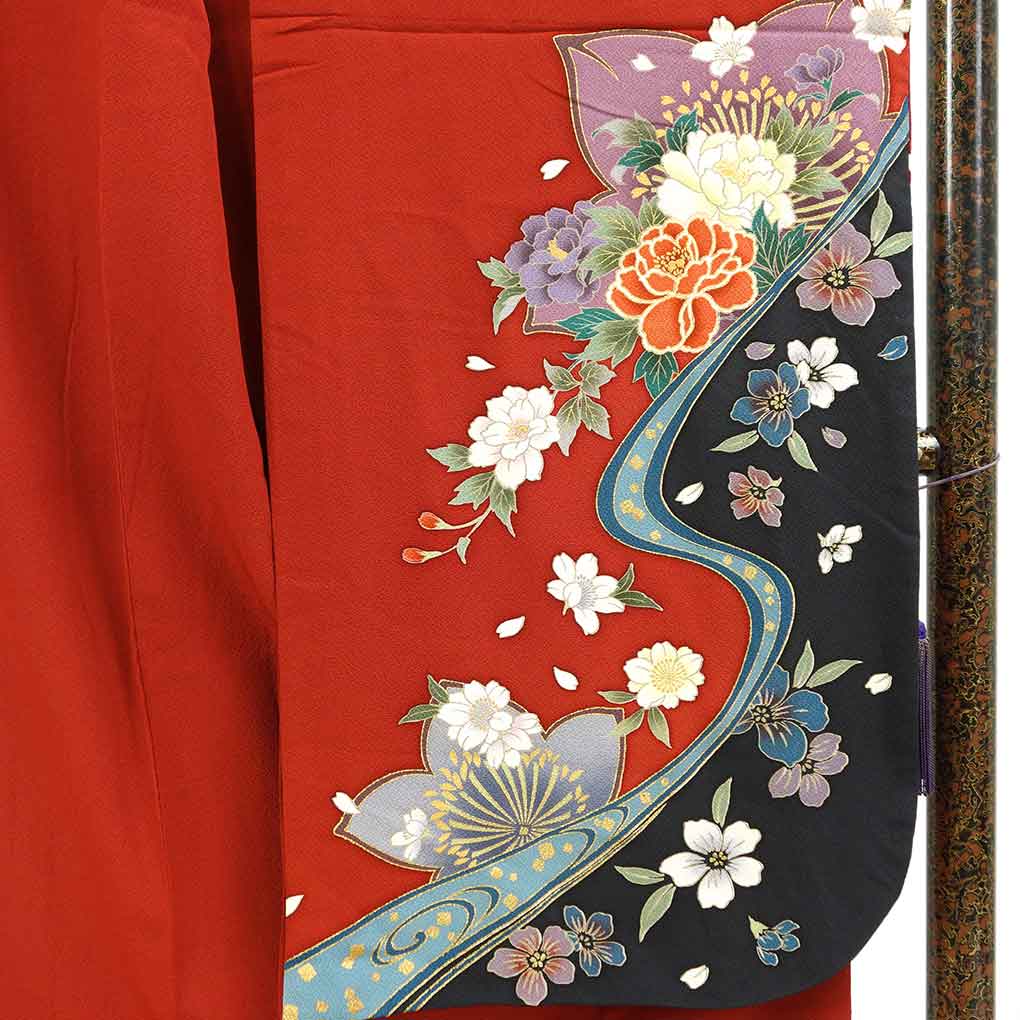 振袖 リサイクル着物 身丈170cm 裄68cm 前幅24cm 後幅30cm 袖丈104cm 袖幅34.5cm レディース 袷 花柄 裄長 裄Lサイズ 秋冬春用 正絹（シルク）レッド トールサイズ 美品 リメイク リユース【ランクA】