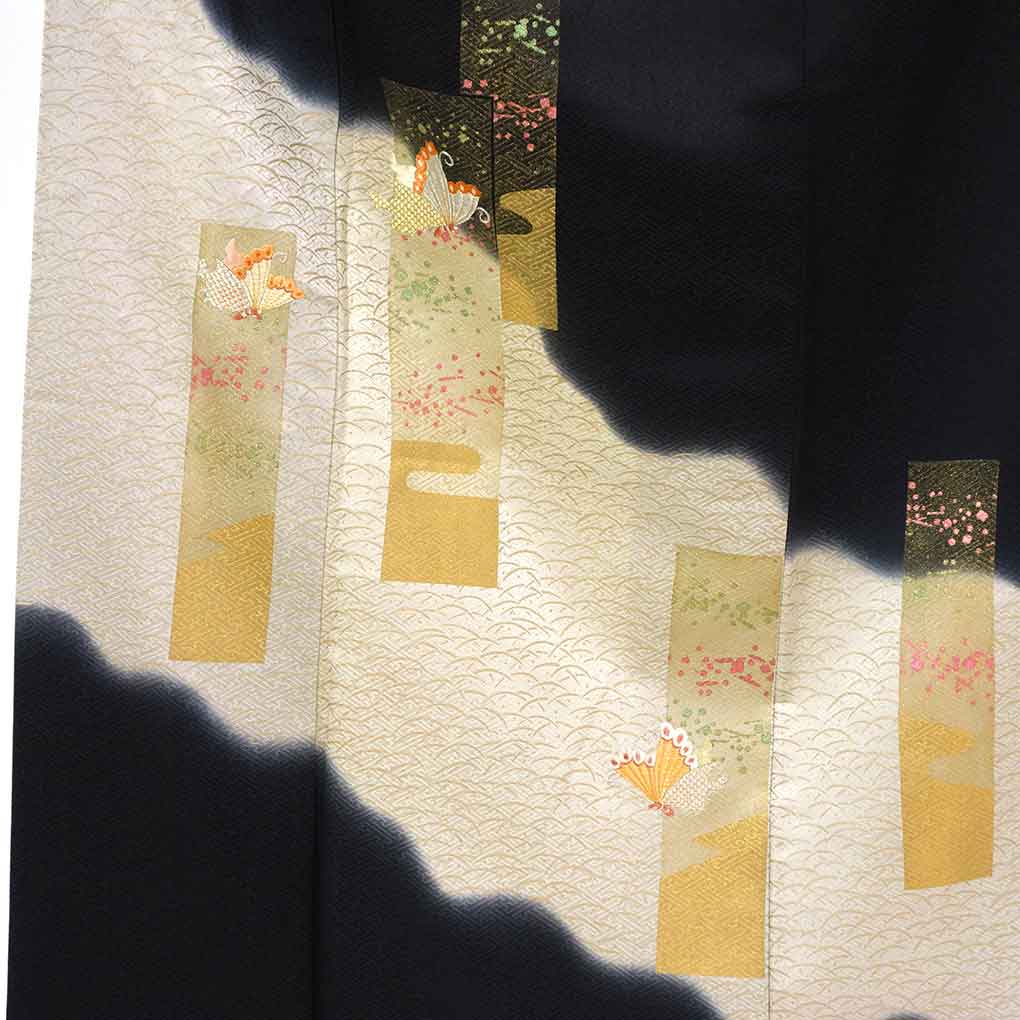 訪問着 リサイクル着物 身丈163cm 裄66cm 前幅23cm 後幅28cm 袖丈48cm 袖幅34cm レディース 袷 蝶柄 裄長 裄M-Lサイズ 秋冬春用 正絹（シルク）ブラック 美品 リメイク リユース【ランクA】