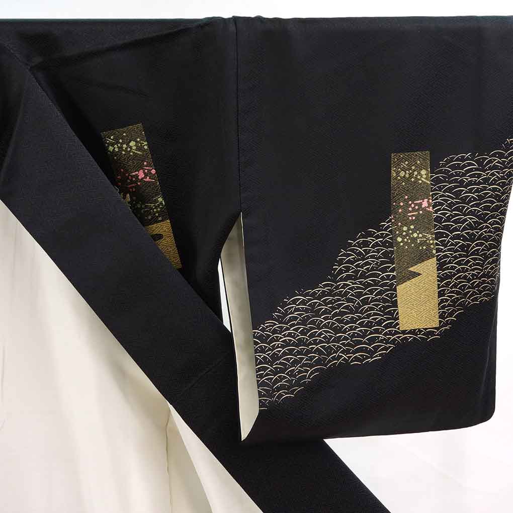 訪問着 リサイクル着物 身丈163cm 裄66cm 前幅23cm 後幅28cm 袖丈48cm 袖幅34cm レディース 袷 蝶柄 裄長 裄M-Lサイズ 秋冬春用 正絹（シルク）ブラック 美品 リメイク リユース【ランクA】