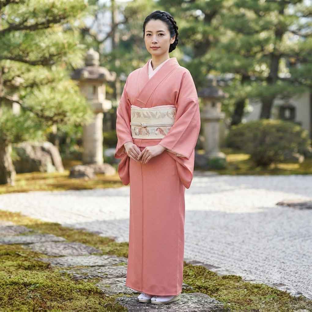 色無地 リサイクル着物 身丈160cm 裄66cm 前幅24cm 後幅30cm 袖丈45cm 袖幅33.5cm レディース 袷 無地 裄長 裄M-Lサイズ 秋冬春用 正絹（シルク）ピンク 美品 リメイク リユース【ランクA】