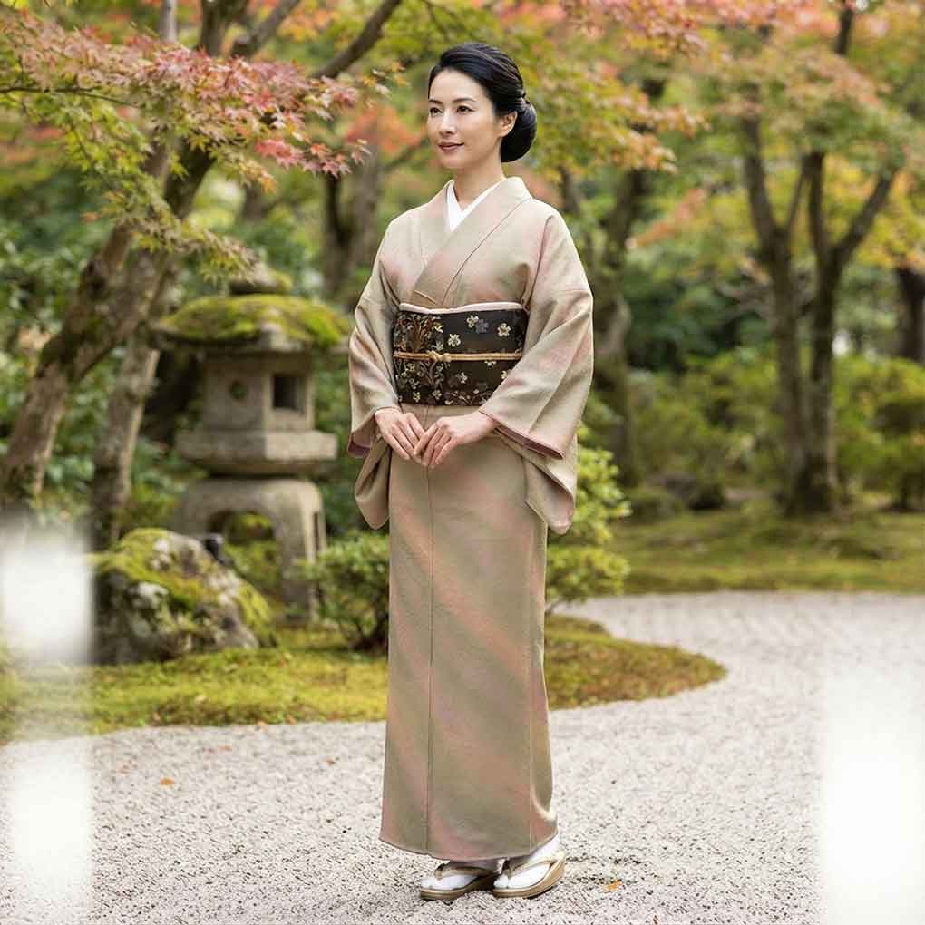 小紋 リサイクル着物 身丈164cm 裄64cm 前幅23cm 後幅28cm 袖丈49cm 袖幅32cm レディース 袷 ぼかし 裄Mサイズ 秋冬春用 正絹（シルク）ブラウン トールサイズ 美品 リメイク リユース【ランクA】