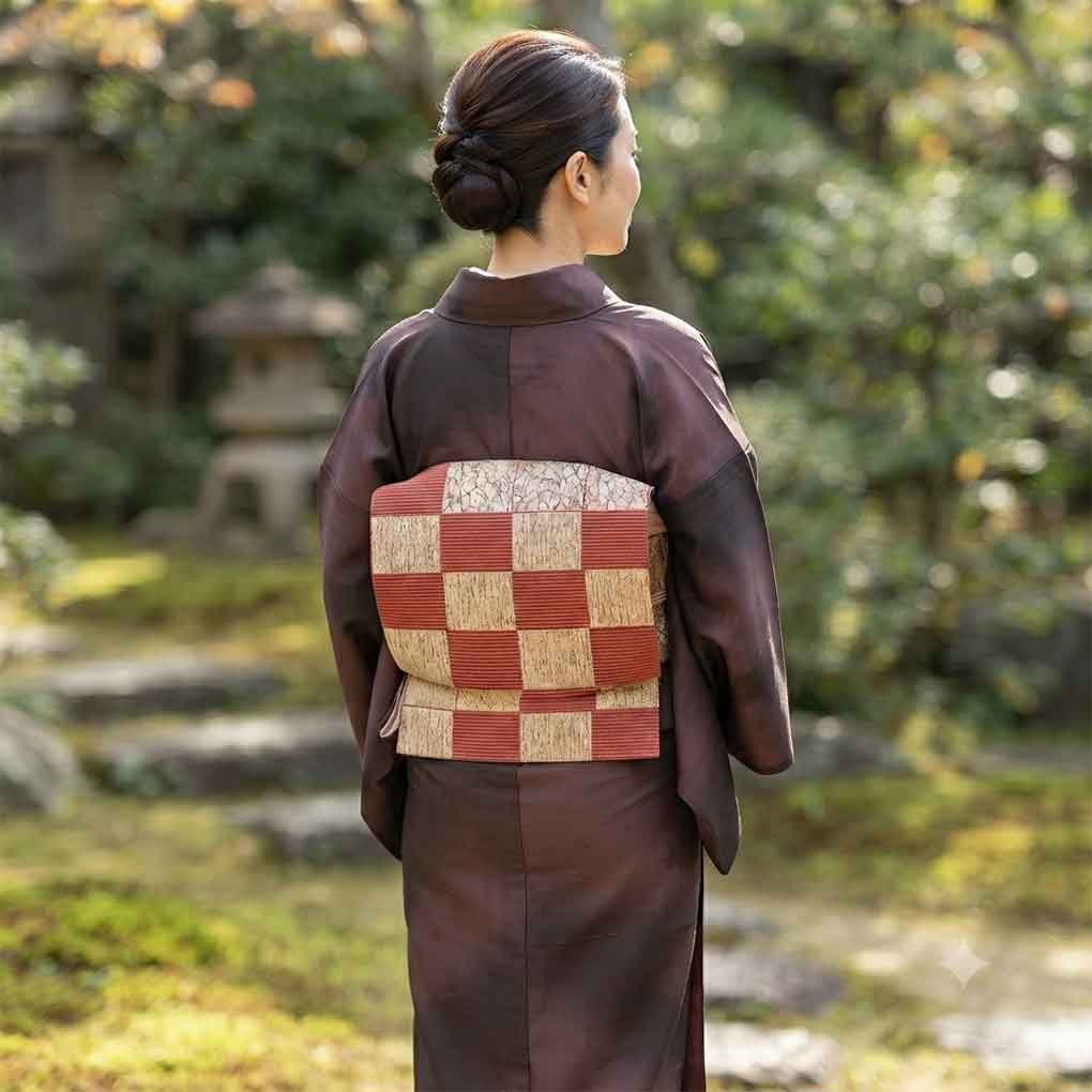 名古屋帯 リサイクル帯 幅31cm 長さ370cm レディース 市松 秋冬春用 正絹（シルク）レッド 美品 リメイク リユース【ランクA】