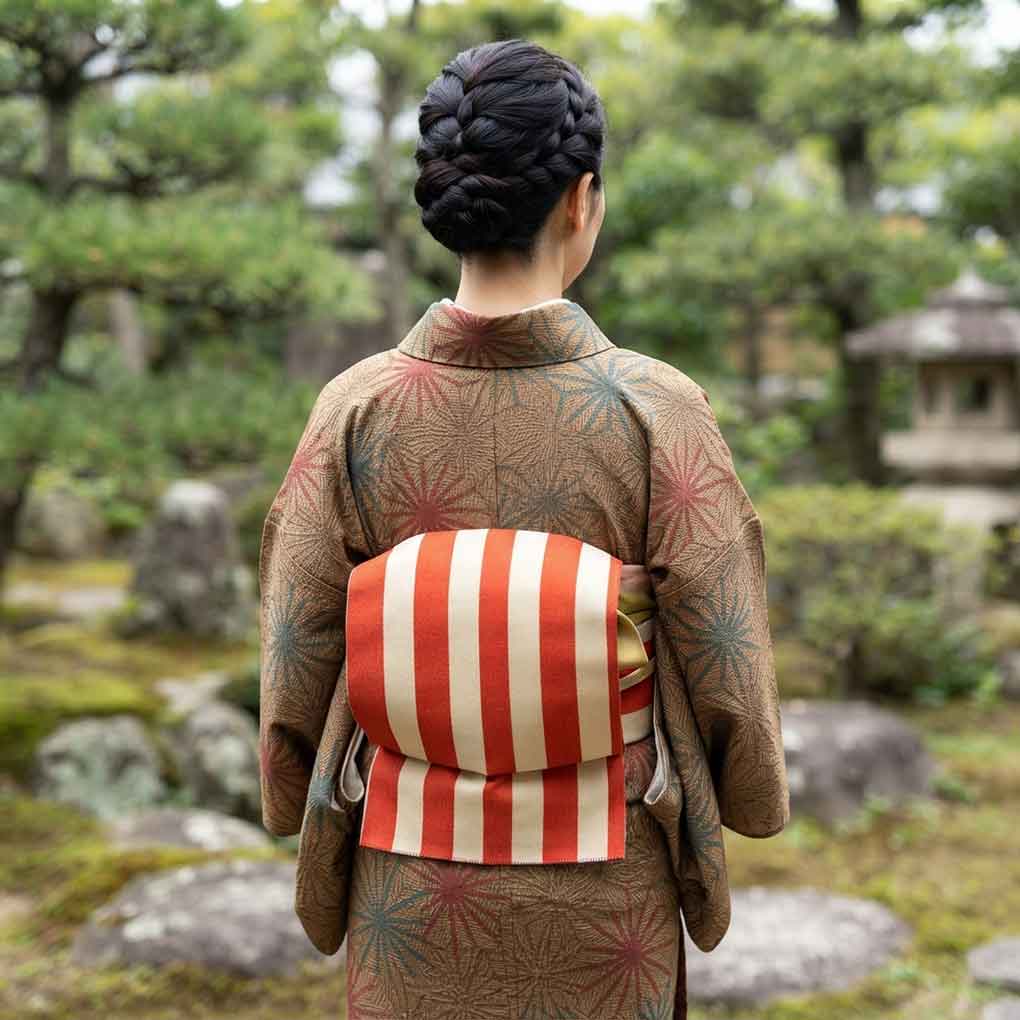 京袋帯 リサイクル帯 幅30cm 長さ377cm レディース 縦縞 秋冬春用 正絹（シルク）レッド やや難 リメイク リユース【ランクB】