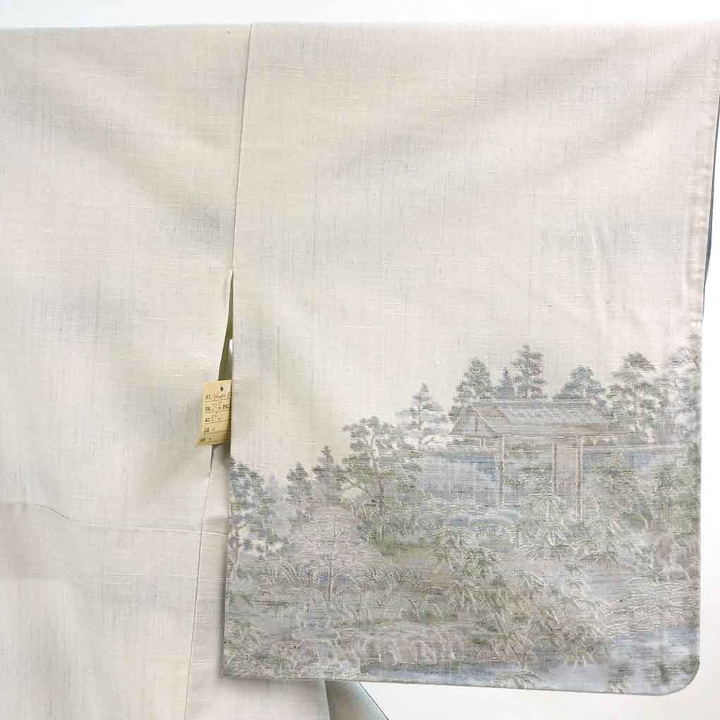 訪問着 リサイクル着物 身丈166cm 裄66cm 前幅23.5cm 後幅29.5cm 袖丈49cm 袖幅34cm レディース 袷 風景画 裄長 裄M-Lサイズ 秋冬春用 正絹（シルク）ブルー トールサイズ 未使用品 リメイク リユース【ランクS】