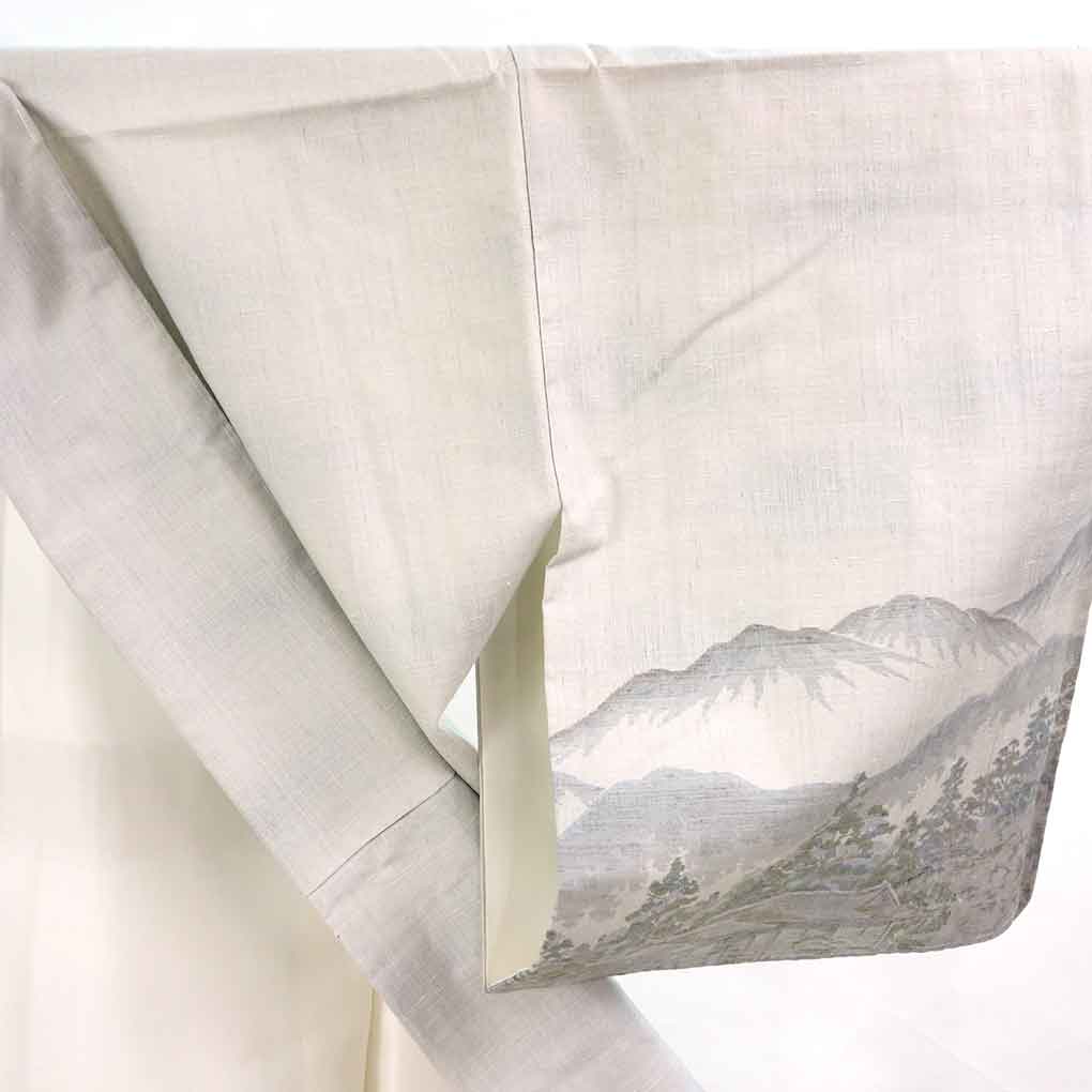 訪問着 リサイクル着物 身丈166cm 裄66cm 前幅23.5cm 後幅29.5cm 袖丈49cm 袖幅34cm レディース 袷 風景画 裄長 裄M-Lサイズ 秋冬春用 正絹（シルク）ブルー トールサイズ 未使用品 リメイク リユース【ランクS】