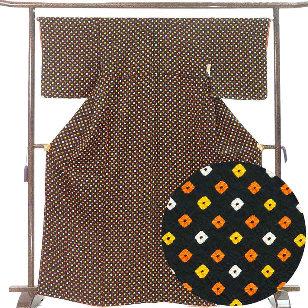 小紋 リサイクル着物 身丈168cm 裄66cm 前幅23cm 後幅30cm 袖丈49cm 袖幅33cm レディース 袷 絞り 裄長 裄M-Lサイズ 秋冬春用 正絹（シルク）ブラック トールサイズ 未使用品 リメイク リユース【ランクS】