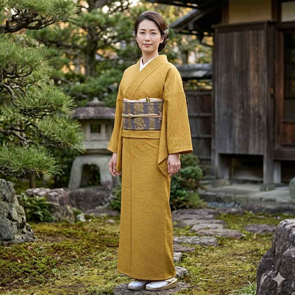小紋 リサイクル着物 身丈155cm 裄66cm 前幅26cm 後幅29cm 袖丈45cm 袖幅33cm レディース 袷 露芝 裄長 裄M-Lサイズ 秋冬春用 正絹（シルク）イエロー 美品 リメイク リユース【ランクA】