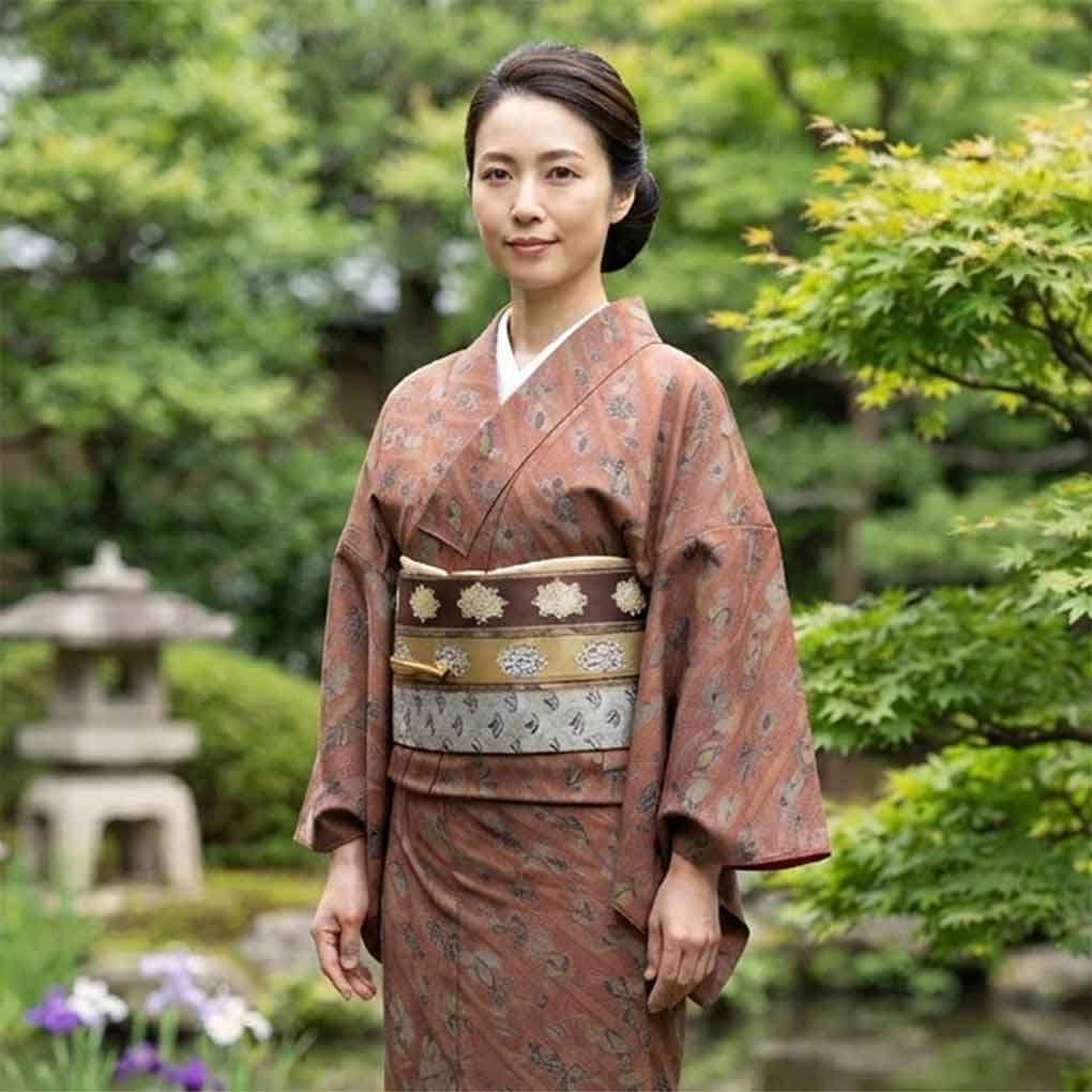 紬 リサイクル着物 身丈162cm 裄64cm 前幅28cm 後幅31cm 袖丈49cm 袖幅32cm レディース 袷 花柄 裄Mサイズ 秋冬春用 正絹(シルク)ブラウン 美品 リメイク リユース【ランクA】