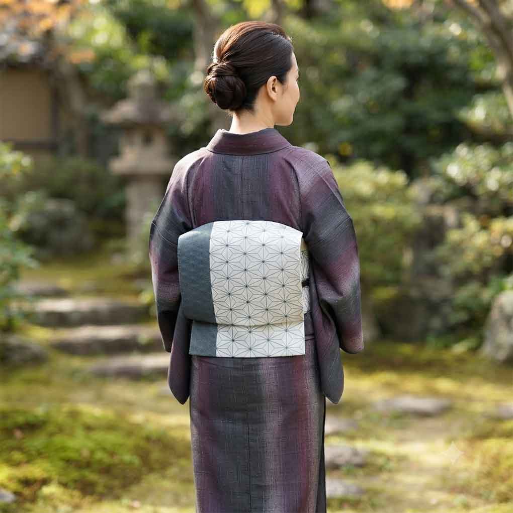 名古屋帯 リサイクル帯 幅30cm 長さ359cm レディース 麻の葉 秋冬春用 ポリエステル グレー 美品 リメイク リユース【ランクA】