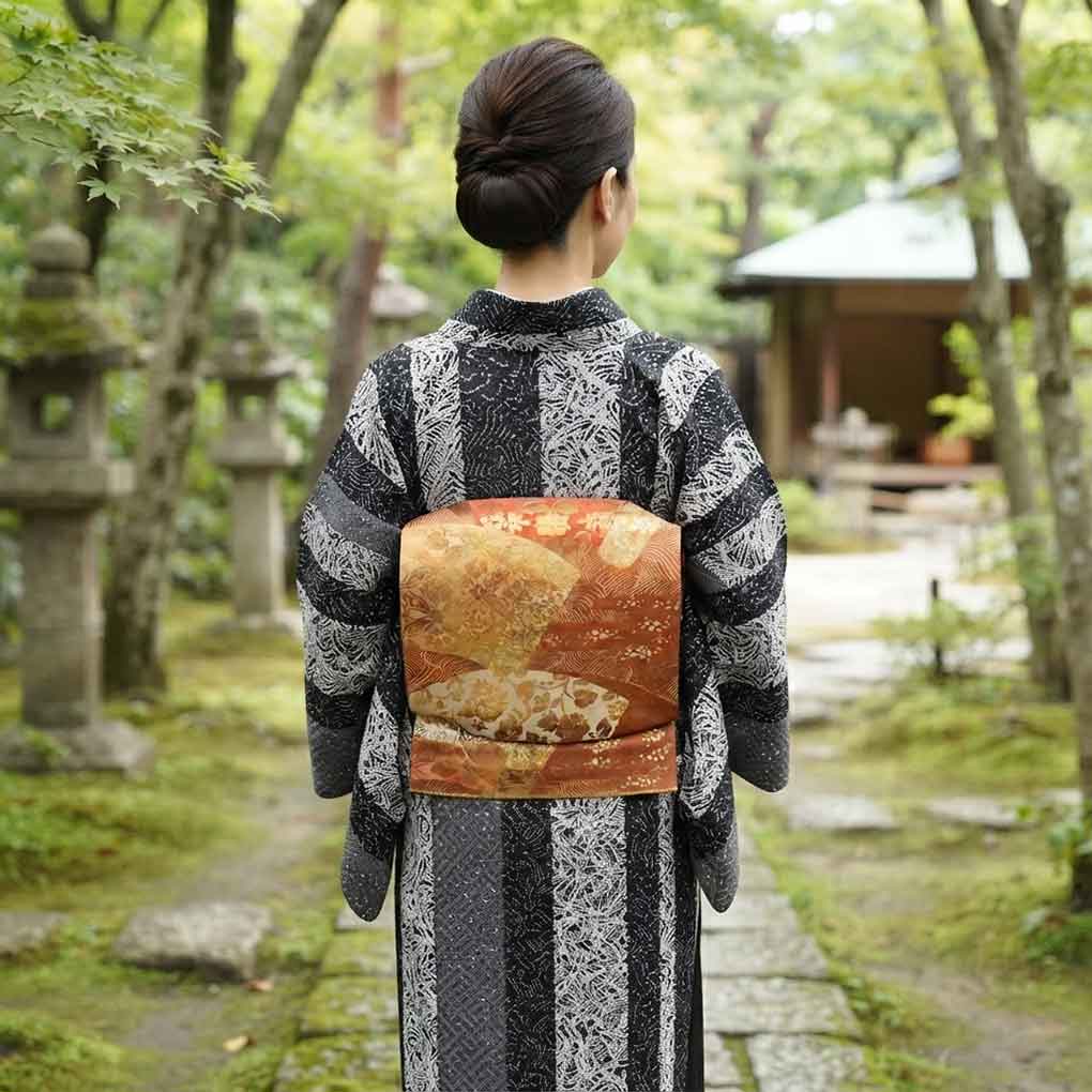 袋帯 リサイクル帯 幅31cm 長さ432cm レディース 扇面 秋冬春用 正絹（シルク）ブラウン 美品 リメイク リユース【ランクA】