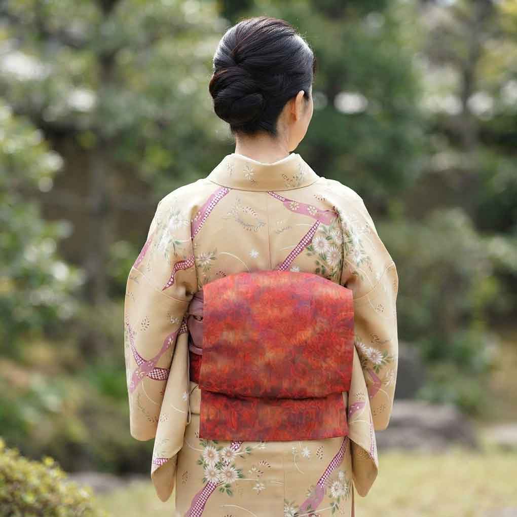 袋帯 リサイクル帯 幅30.5cm 長さ418cm レディース 花柄 秋冬春用 正絹（シルク）レッド 美品 リメイク リユース【ランクA】