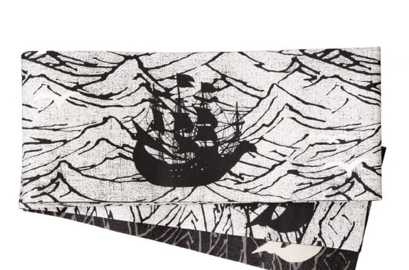 半幅帯（船とカモメ（白黒））　SAK-HNOP200406
