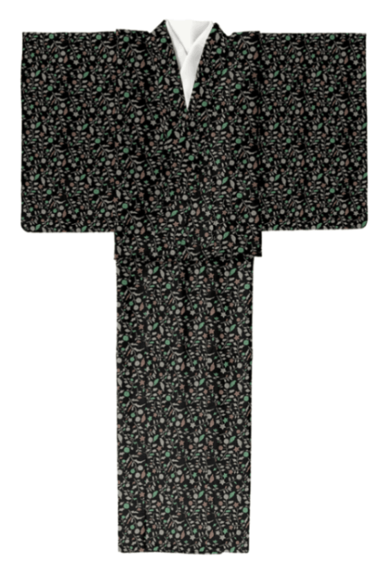 袷着物（ハナの森（表：黒　八掛：青緑））　SAK-RMK161010a