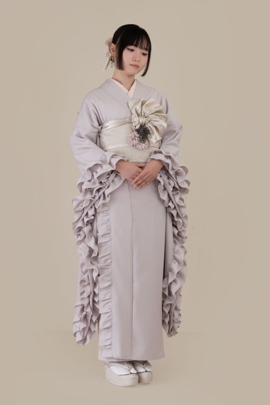 SAK-KMF20241007 フリル着物（綿麻シャンブレー・ネイビー