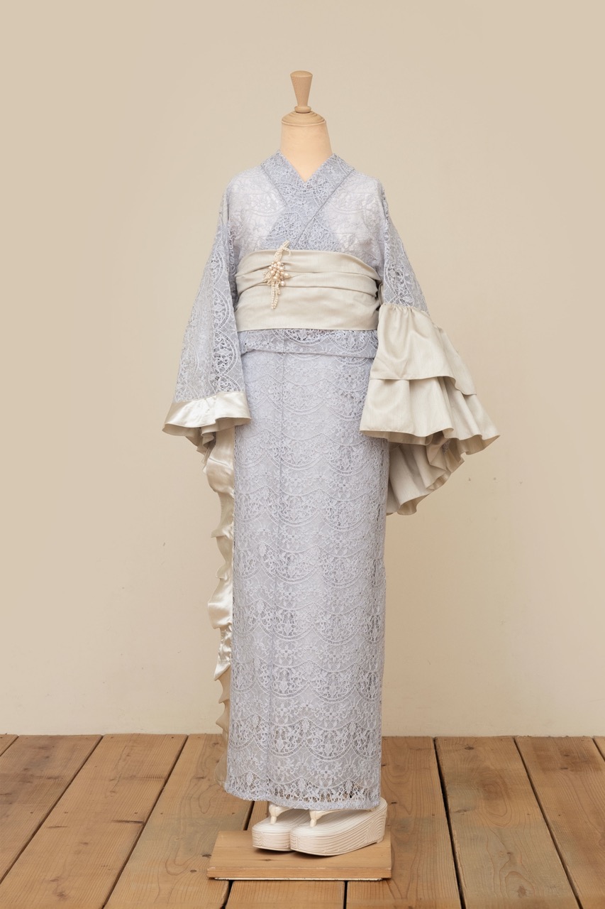 SAK-KMASF20240724  アシメフリル着物（レース・ブルーグレー）