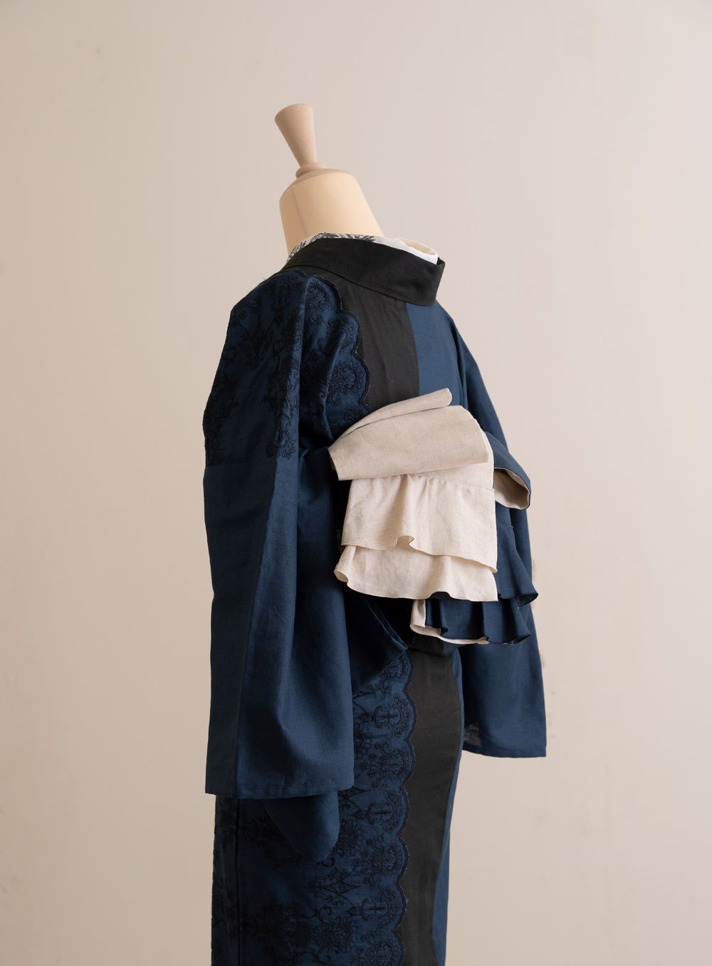 即納品 さく研究所　半幅帯　フリル（ネイビー×アイボリー）　sSAK-HNOF200530　