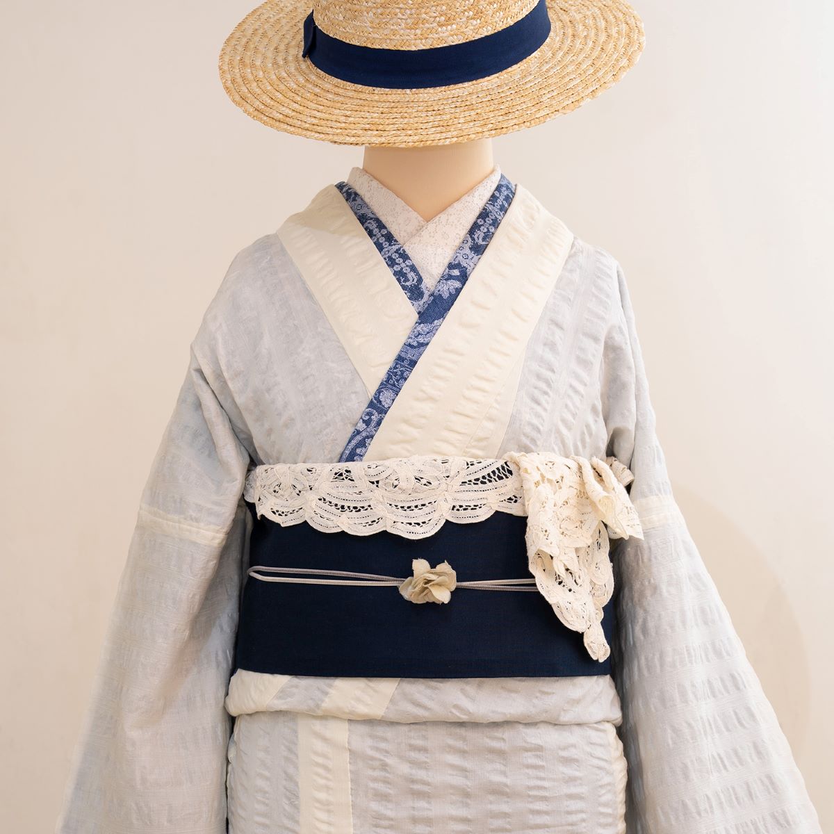 即納品 さく研究所　半幅帯　フリル（ネイビー×アイボリー）　sSAK-HNOF200530　