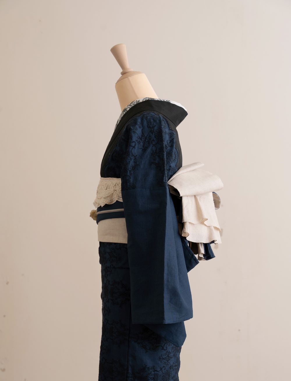 即納品 さく研究所　半幅帯　フリル（ネイビー×アイボリー）　sSAK-HNOF200530　