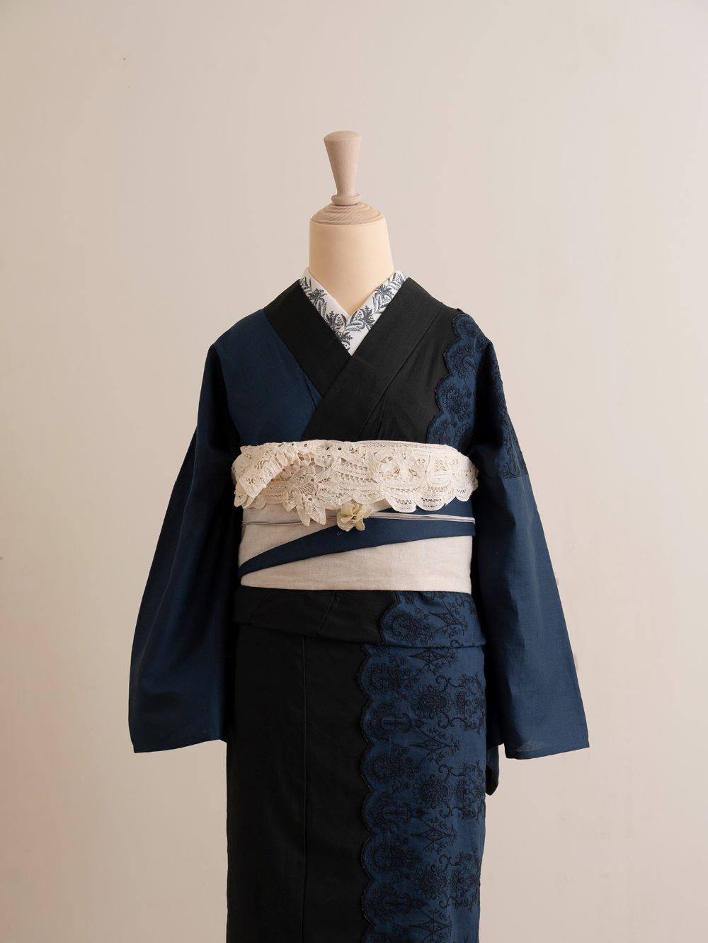 即納品 さく研究所　半幅帯　フリル（ネイビー×アイボリー）　sSAK-HNOF200530　