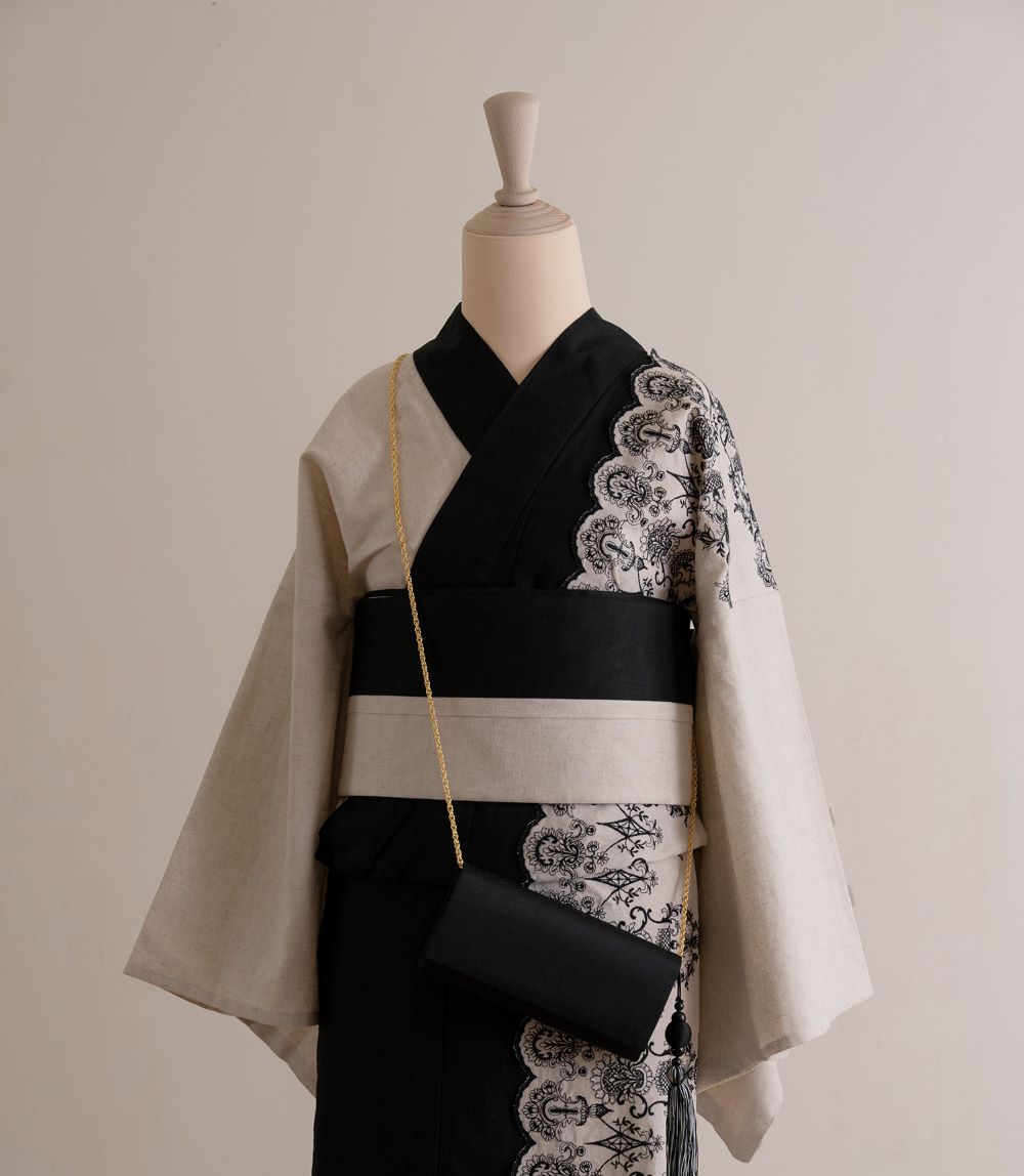 半幅帯　タック（アイボリー×ブラック）　SAK-HNOT200532　即納品