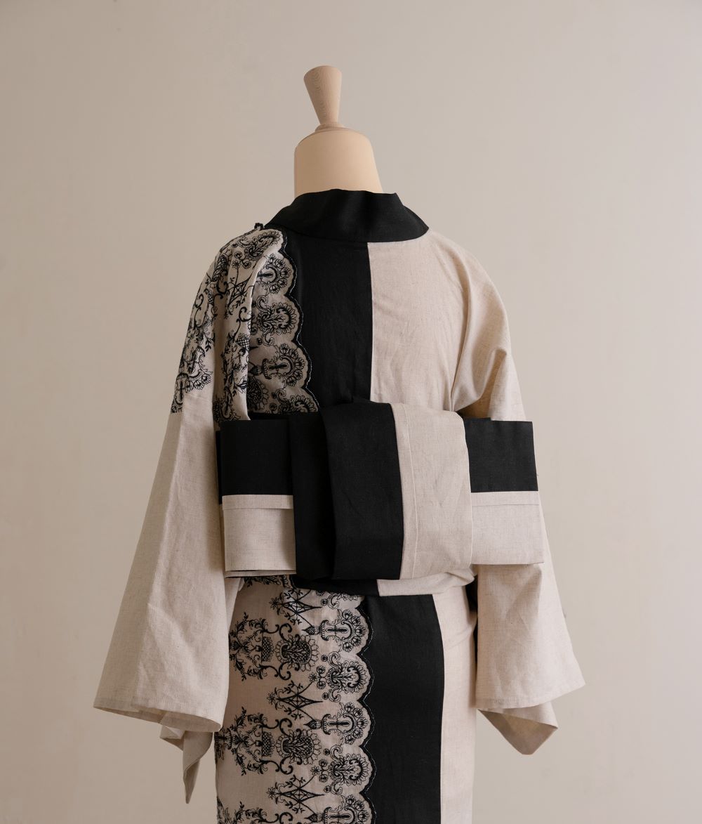 半幅帯　タック（アイボリー×ブラック）　SAK-HNOT200532　即納品