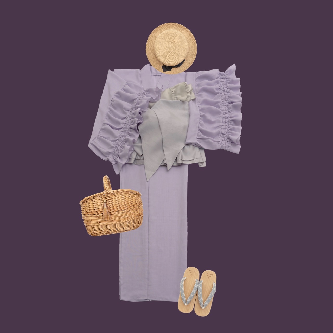 シャーリングフリル着物/カンパニュラ（薄紫）　SAK-KMSFC20250801