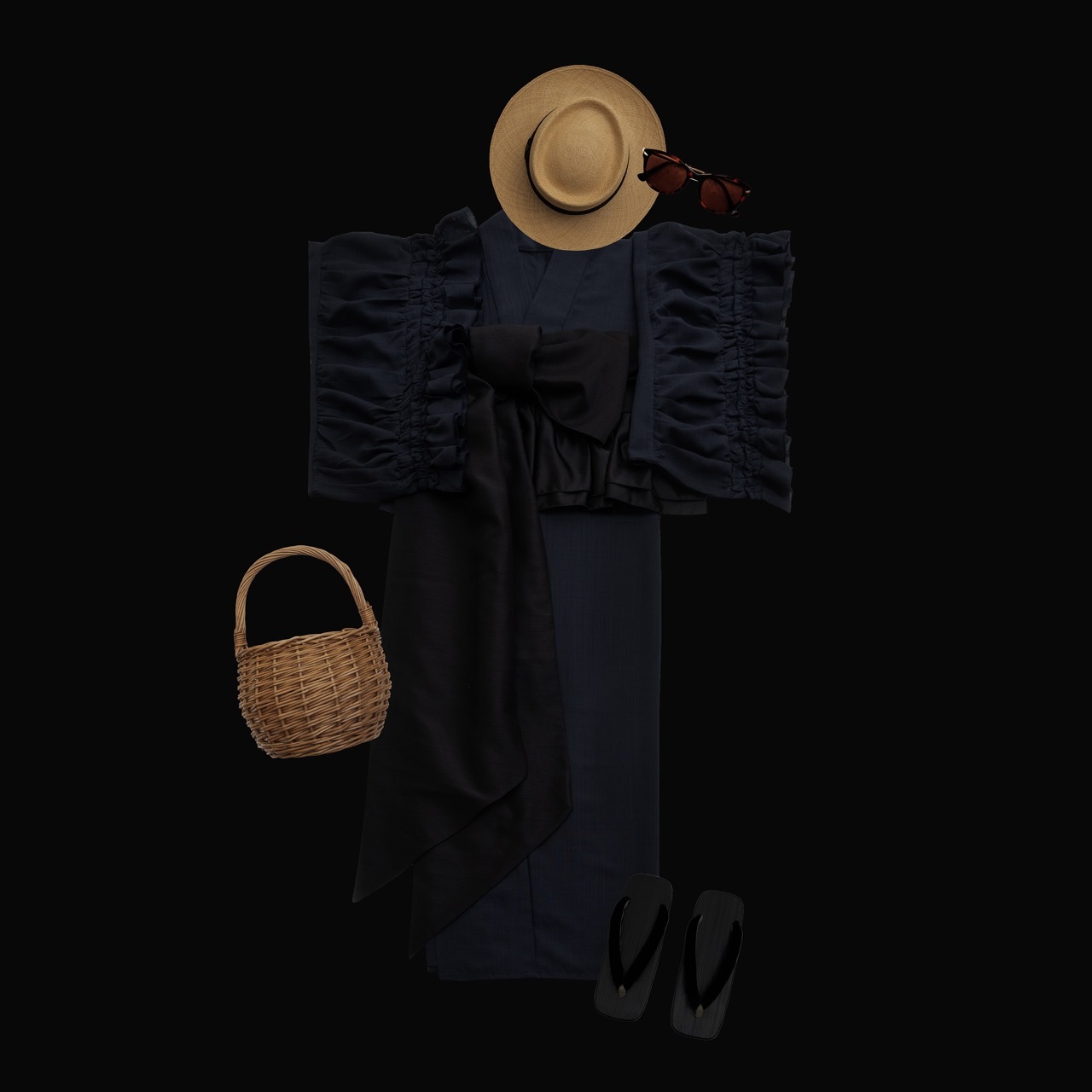 シャーリングフリル着物/カンパニュラ（紺）　SAK-KMSFC20250802