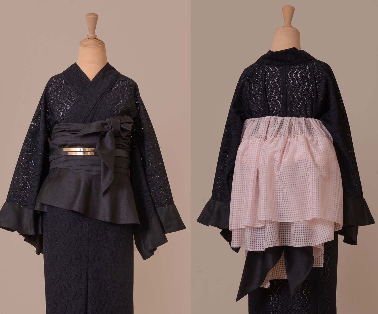 SAK-KMCFT20250611　クロス着物　フリルトップス（波レース・ブラック）　