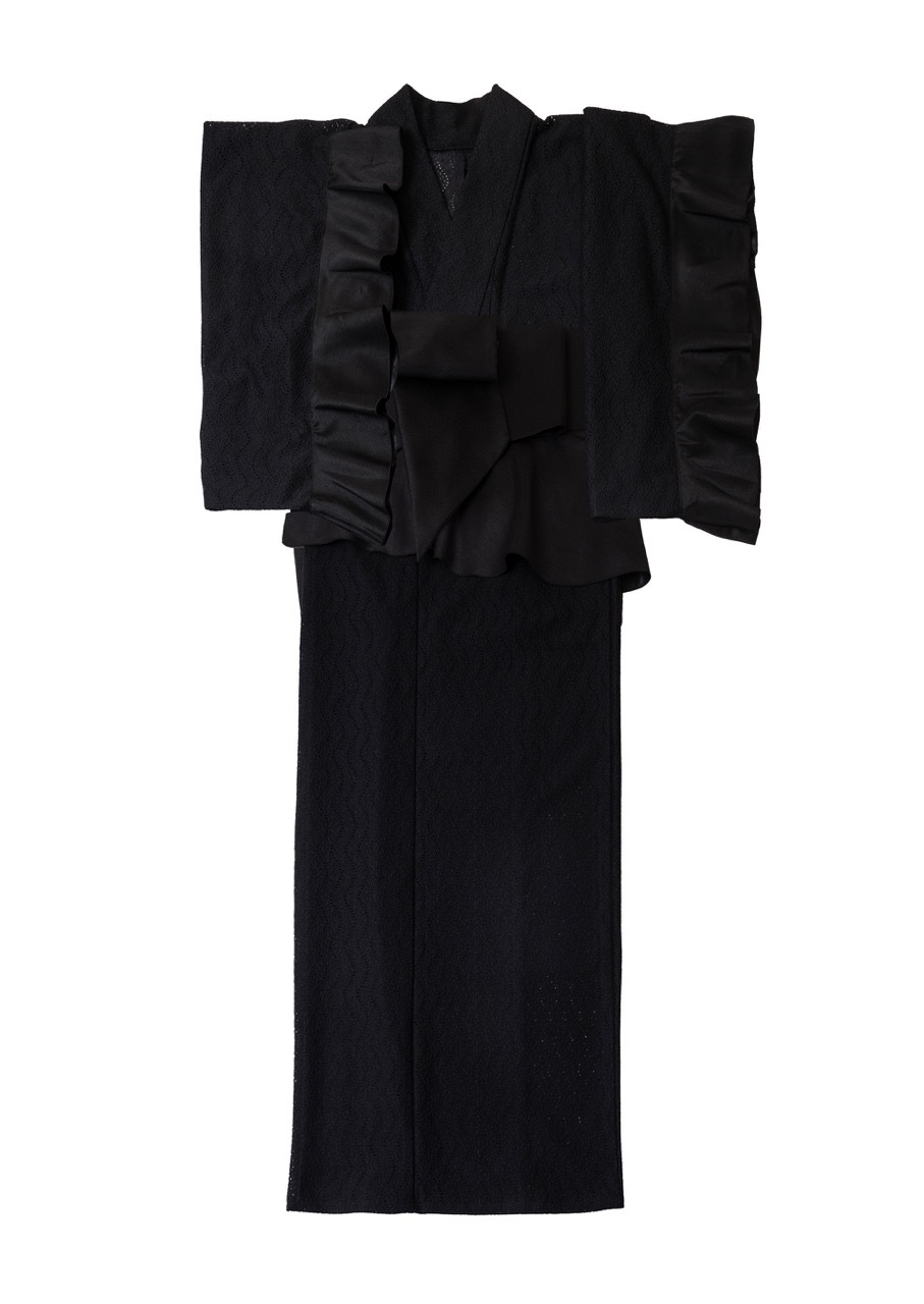 SAK-KMCFT20250611　クロス着物　フリルトップス（波レース・ブラック）　