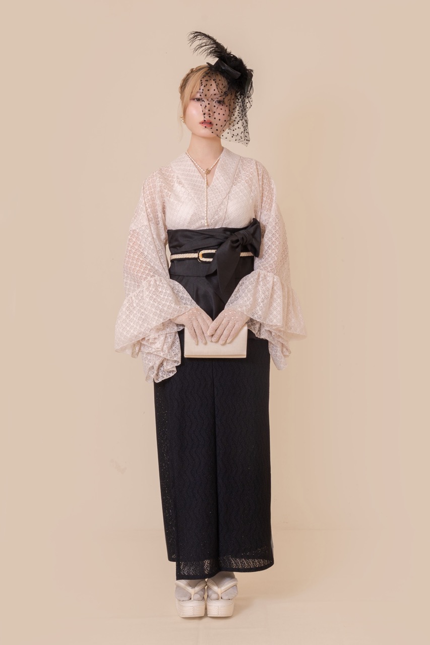 SAK-KMCFS20250611 クロス着物 フリルスカート(波レース・ブラック)