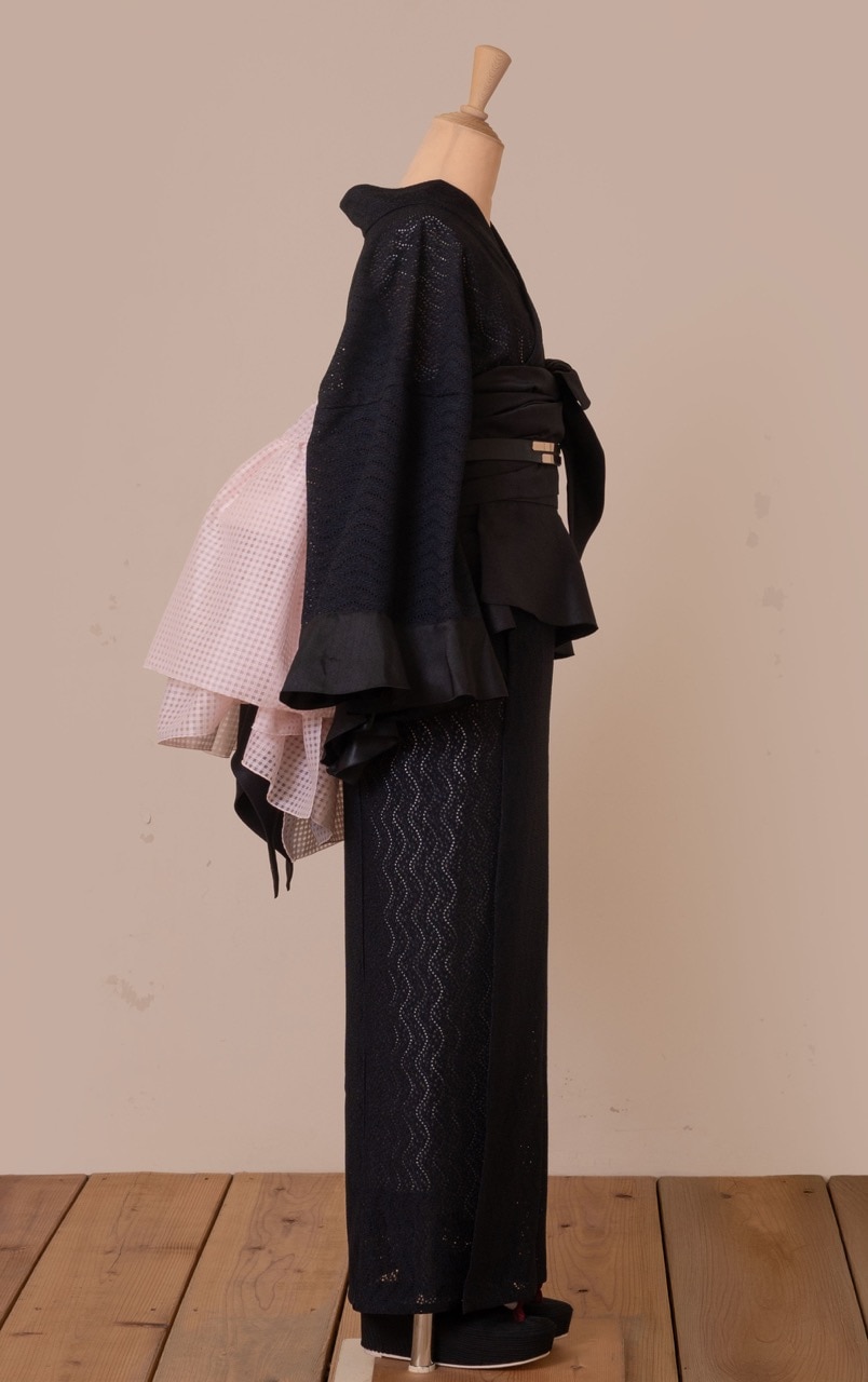 SAK-KMCFS20250611 クロス着物 フリルスカート(波レース・ブラック)