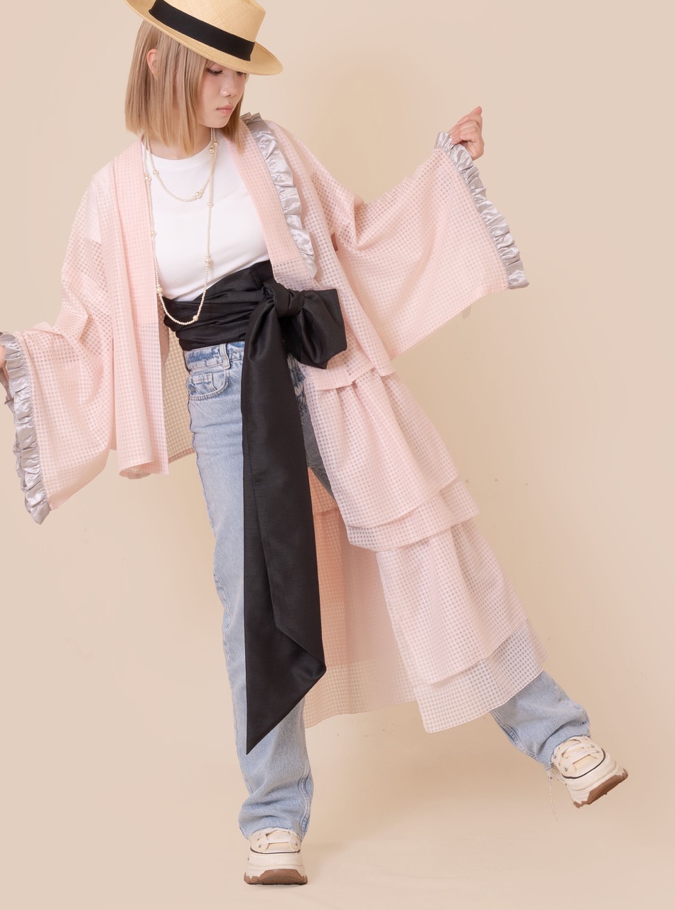 SAK-KMCFT20250612　クロス着物　フリルトップス（ピンクチェック）