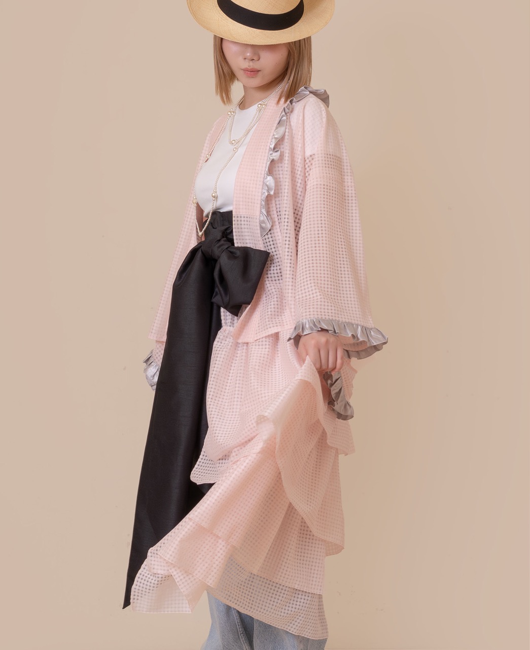 SAK-KMCFT20250612　クロス着物　フリルトップス（ピンクチェック）