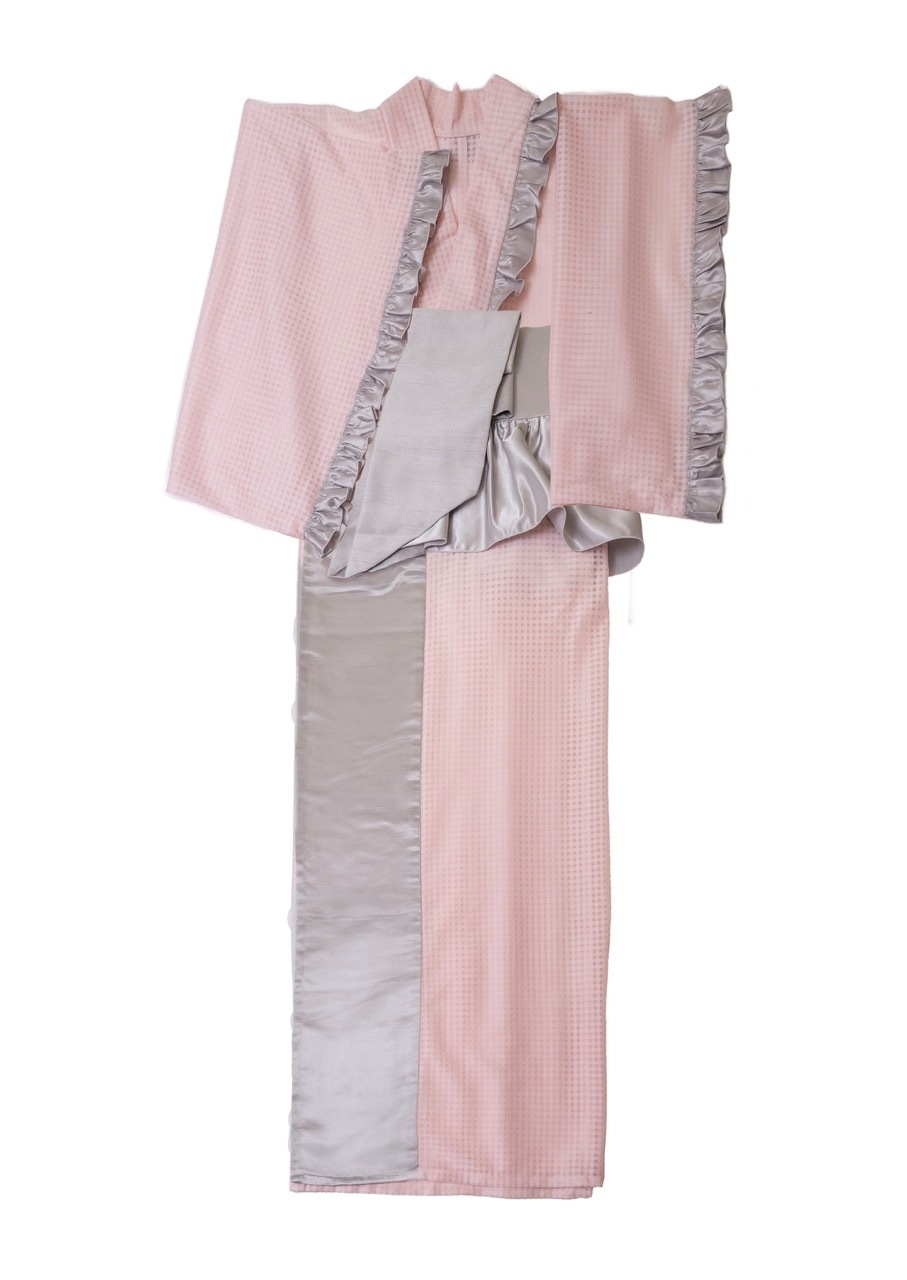 SAK-KMCFT20250612　クロス着物　フリルトップス（ピンクチェック）