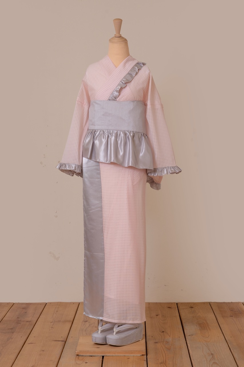 SAK-KMCFT20250612 クロス着物 フリルトップス（ピンクチェック