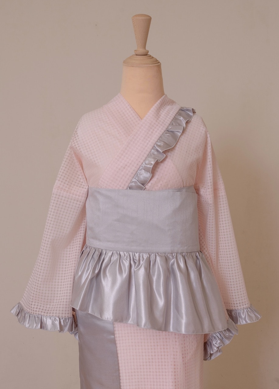 SAK-KMCFS20250612 クロス着物 フリルスカート(ピンクチェック)