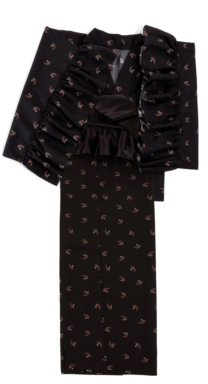 SAK-KMCFS20240324　クロス着物　フリルスカート（リーフパール柄）