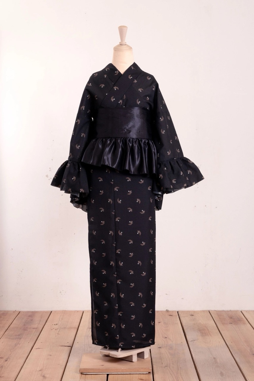 SAK-KMCFS20240324　クロス着物　フリルスカート（リーフパール柄）