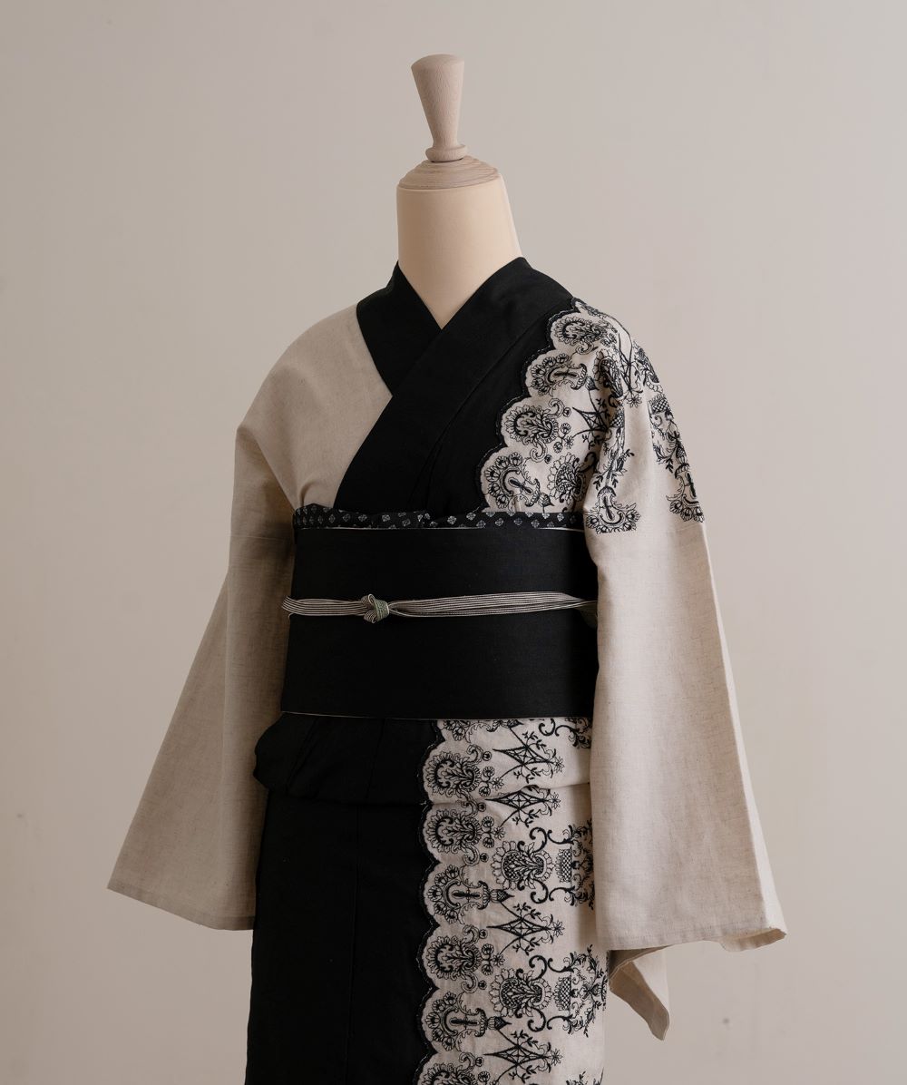 半幅帯　フリル（アイボリー×ブラック）　sSAK-HNOF200528　即納品