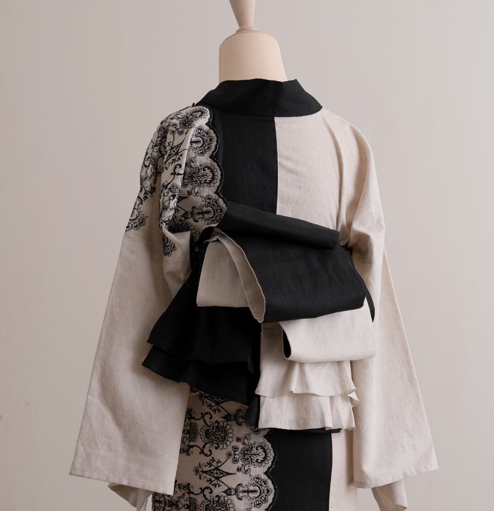 半幅帯　フリル（アイボリー×ブラック）　sSAK-HNOF200528　即納品