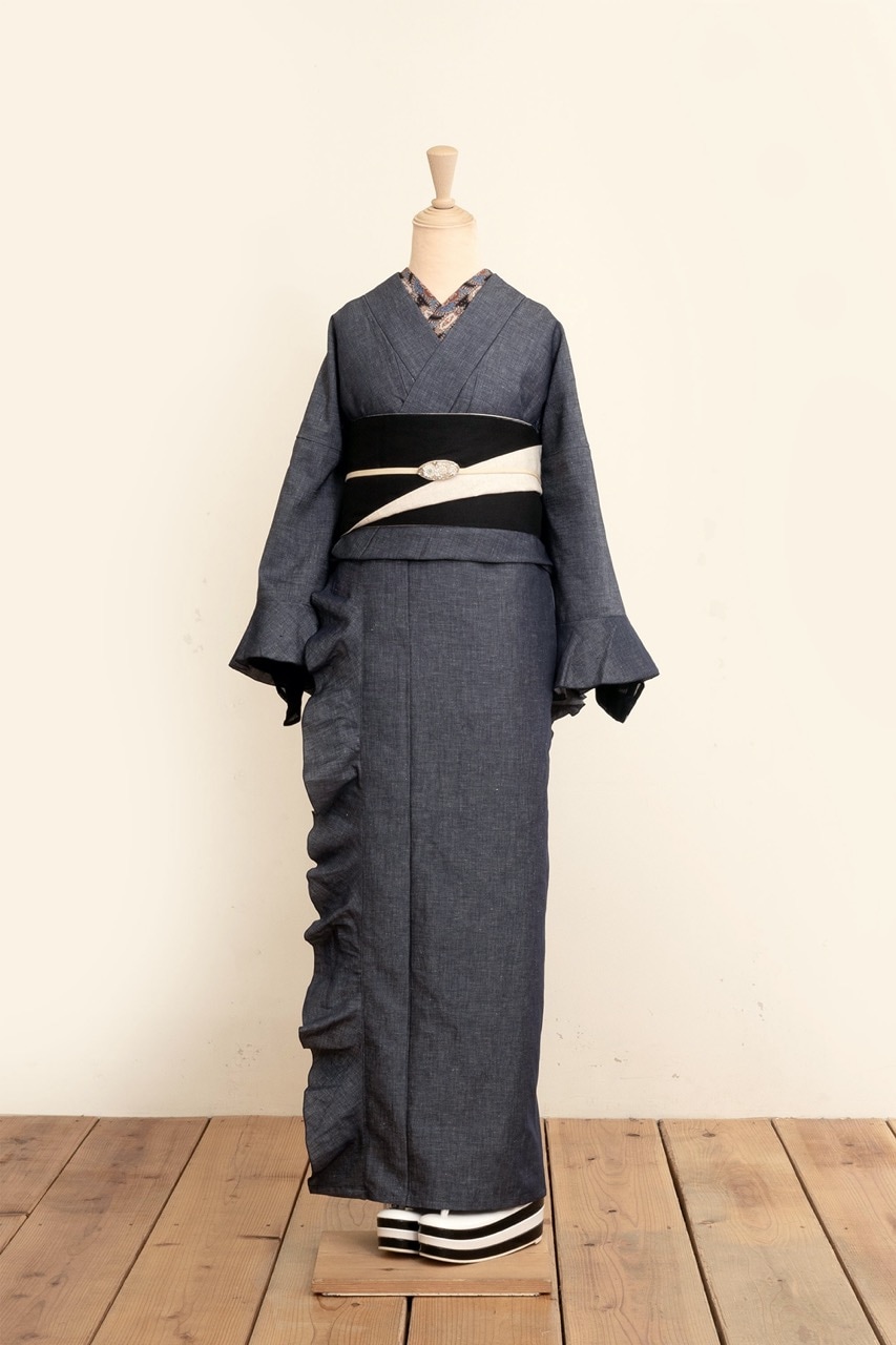 半幅帯　フリル（アイボリー×ブラック）　sSAK-HNOF200528　即納品