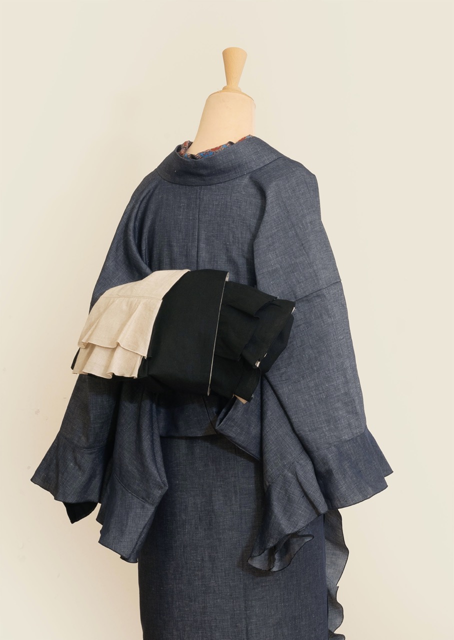 半幅帯 フリル（アイボリー×ブラック） sSAK-HNOF200528 即納品 | さく