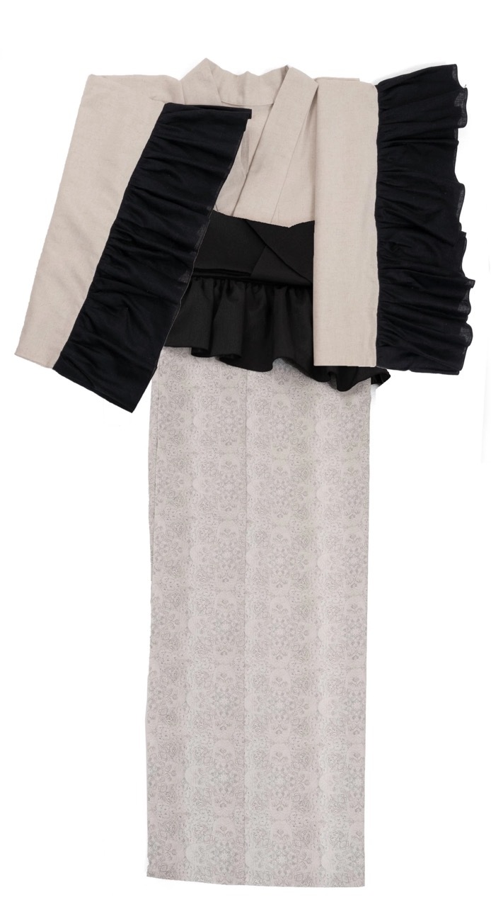 SAK-KMCFS20240323　クロス着物　フリルスカート（アンティークホワイトレース柄）