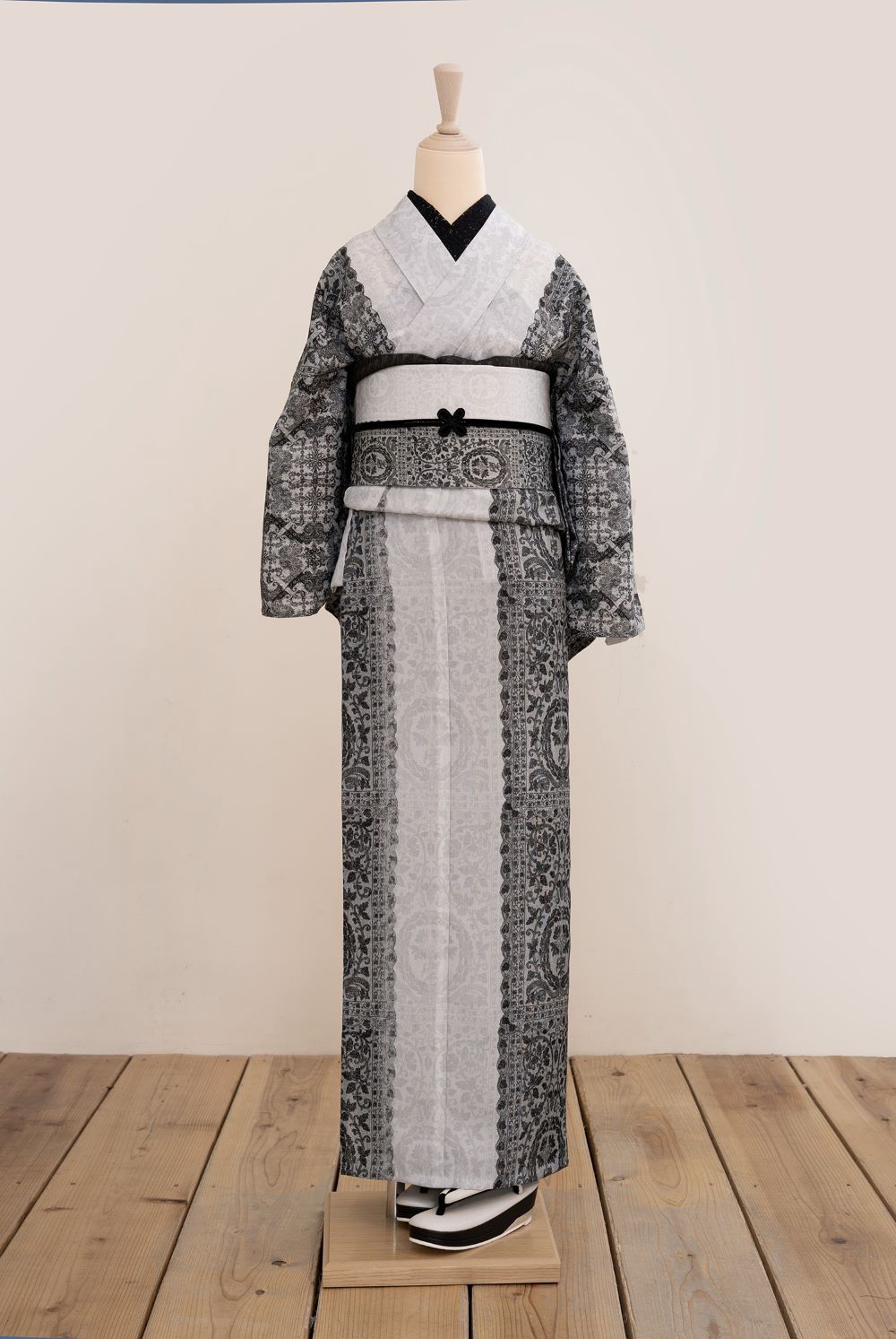 即納品　半幅帯（リバーレース（モノクローム））　SAK-HNOP200403
